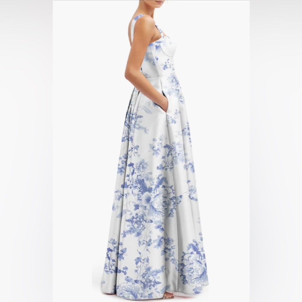 Alfred sung Floral
Lace-Up Back
Bustier Satin Dress with Full Skirt and
Pockets